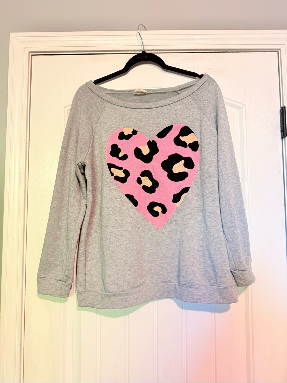 Women’s Gray Pullover Sweatshirt with Pink Leopard Heart